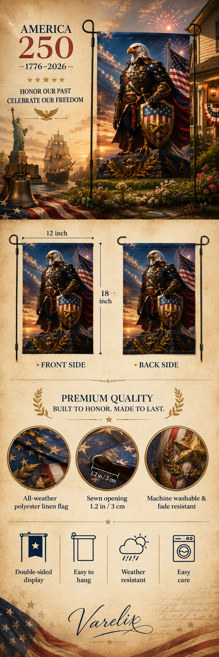 12 by 18 inch America 250 anniversary patriotic eagle garden flag size and linen texture infographic layout.