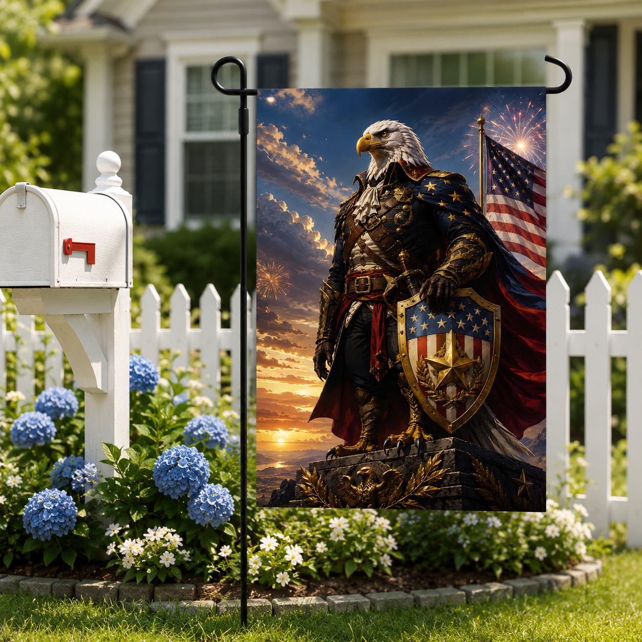 Patriotic garden flag featuring a powerful eagle general with an American flag shield next to a white mailbox.