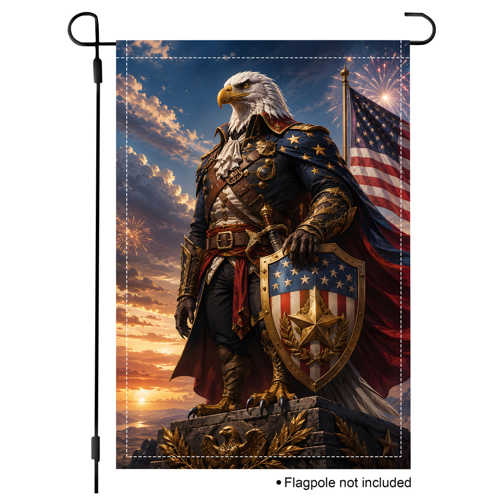 Patriotic garden flag with an eagle general in military uniform standing proudly with the American flag and shield.