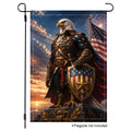 Patriotic garden flag with an eagle general in military uniform standing proudly with the American flag and shield.