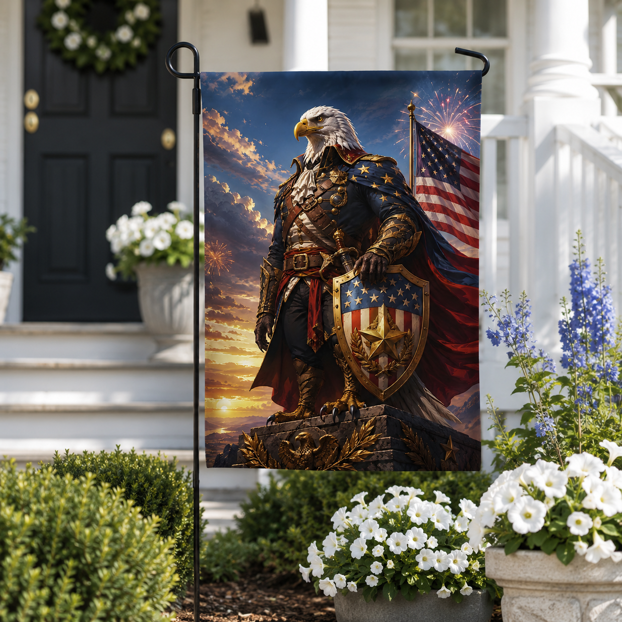 Patriotic bald eagle warrior garden flag displayed on a black stake by white front porch stairs and flowers.