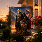 Fourth of July patriotic eagle soldier garden flag standing in front of a house yard under a sunset sky.