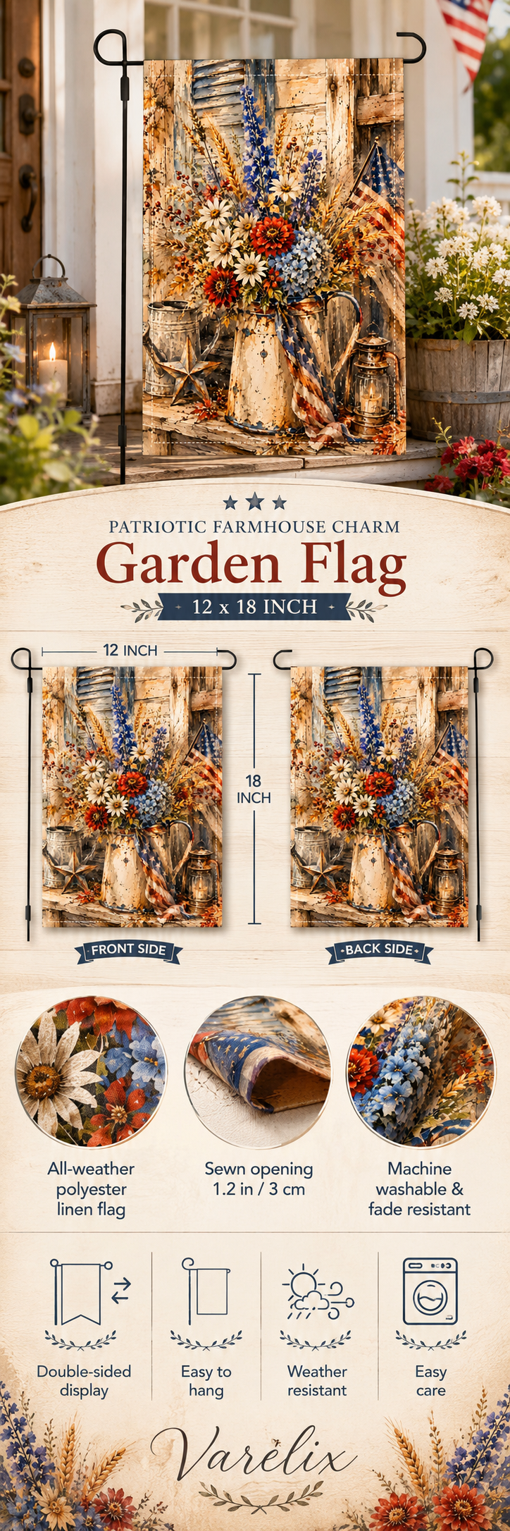 Product infographic layout for a 12 by 18 inch Varelix patriotic farmhouse garden flag showcasing fabric quality and size specifications.