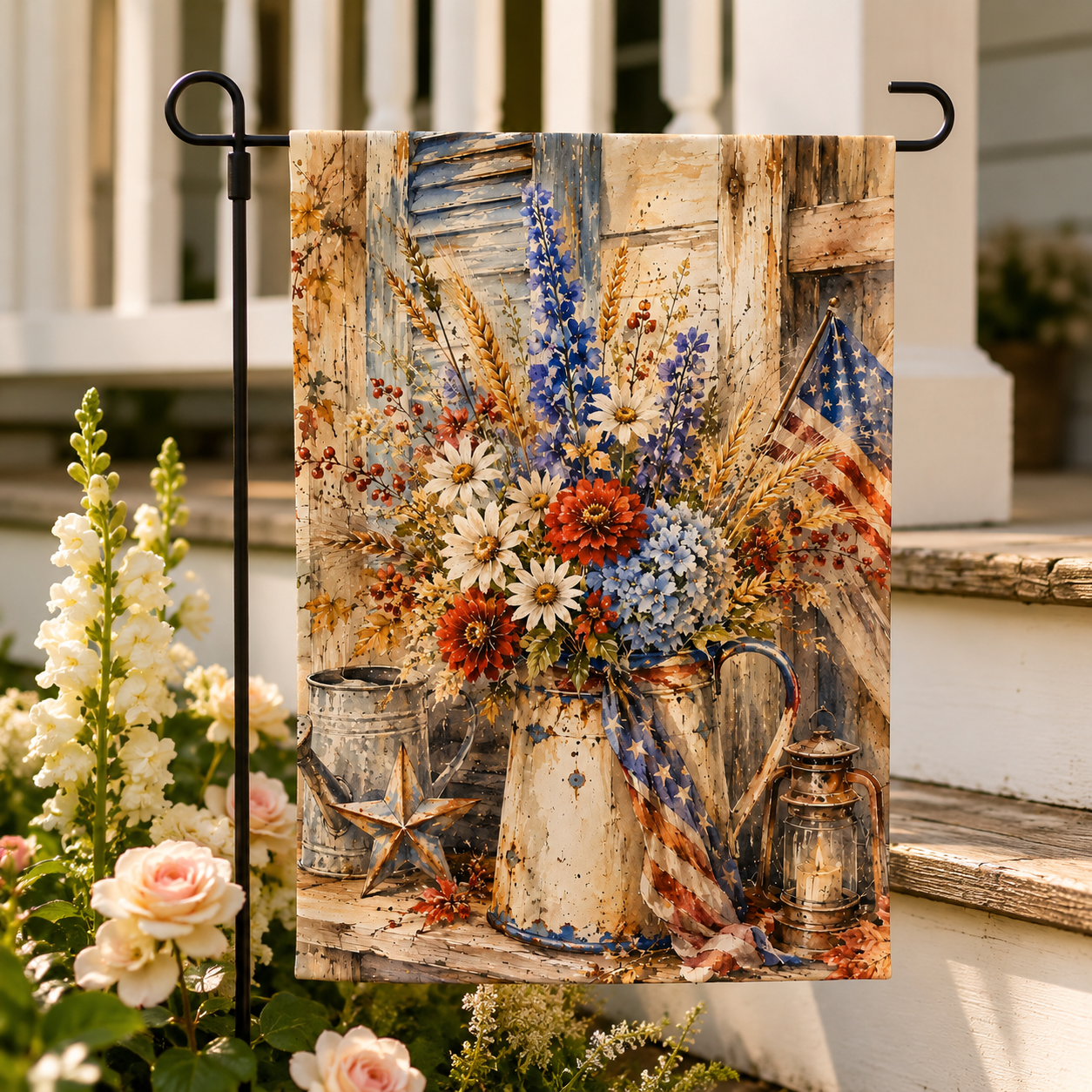 Country style patriotic floral garden flag standing on a black metal stake next to wooden front porch stairs with pink roses.