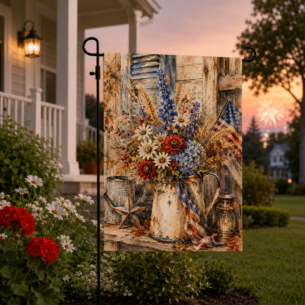 Vintage patriotic wildflower garden flag in a front yard at dusk with a porch light on and celebratory fireworks in the distant sky.