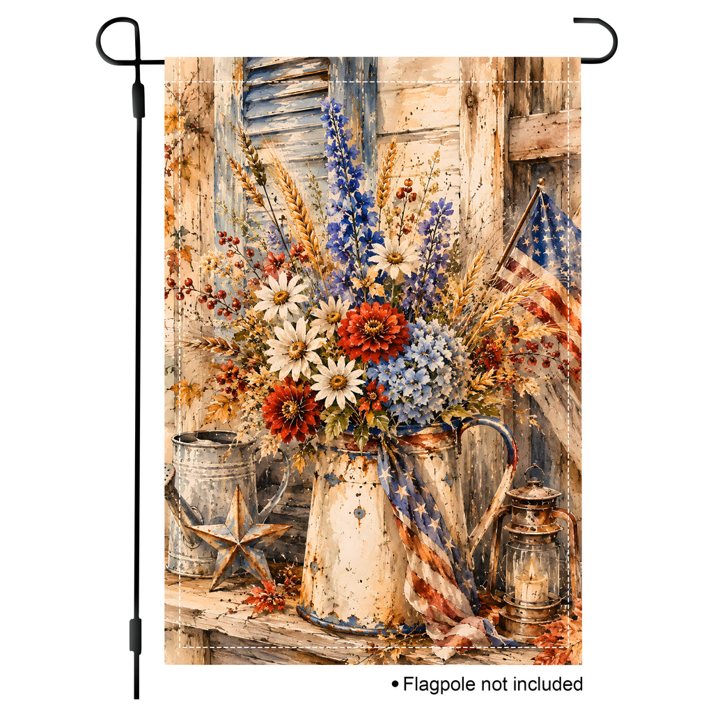 White background mockup of a vertical garden flag featuring a rustic watercolor floral arrangement with an American flag ribbon.
