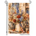 White background mockup of a vertical garden flag featuring a rustic watercolor floral arrangement with an American flag ribbon.