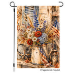 White background mockup of a vertical garden flag featuring a rustic watercolor floral arrangement with an American flag ribbon.