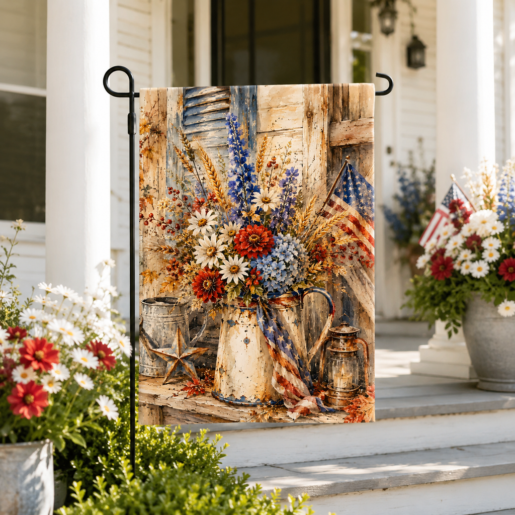 Patriotic garden flag with a vintage watercolor painting of rustic wildflowers in a pitcher displayed by a white house porch.