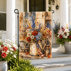 Patriotic garden flag with a vintage watercolor painting of rustic wildflowers in a pitcher displayed by a white house porch.
