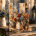 Fourth of July theme farmhouse floral garden flag standing next to weathered wooden steps and a white pitcher filled with blue flowers.