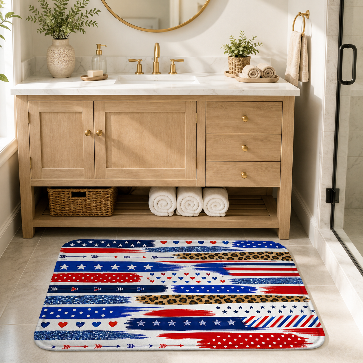 Patriotic multi-pattern floor mat with red, white, and blue stripes, stars, and leopard print in a bright wooden bathroom vanity setup.