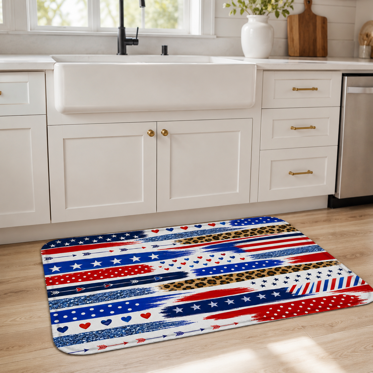 Creative patriotic theme floor mat styled on a wooden floor in front of a white farmhouse kitchen sink.