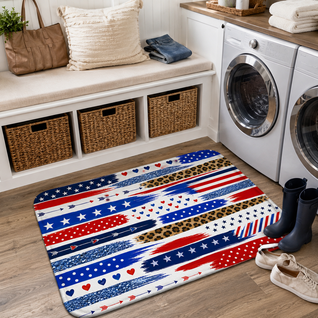 Stylish patriotic multi-pattern utility rug on a laundry room floor next to a washing machine and storage bench.
