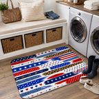Stylish patriotic multi-pattern utility rug on a laundry room floor next to a washing machine and storage bench.