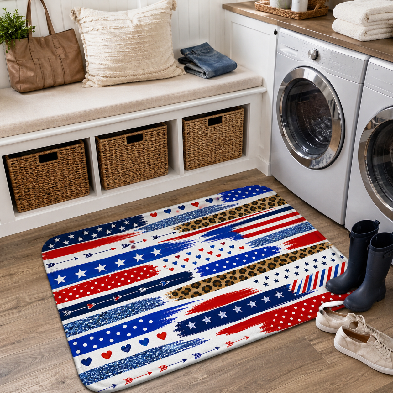 Stylish patriotic multi-pattern utility rug on a laundry room floor next to a washing machine and storage bench.