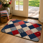 Americana style star and stripe patchwork floor mat under a cream-colored storage bench with hunting boots.