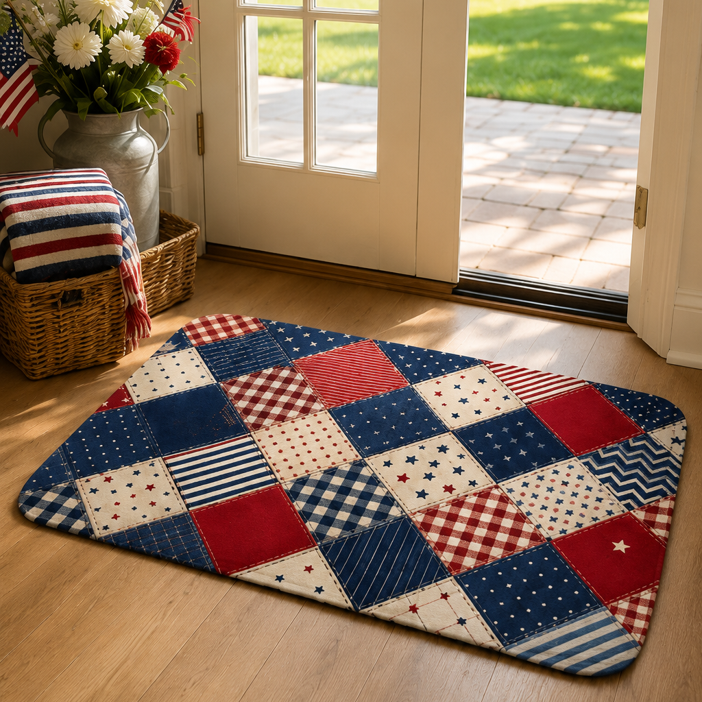 Americana style star and stripe patchwork floor mat under a cream-colored storage bench with hunting boots.