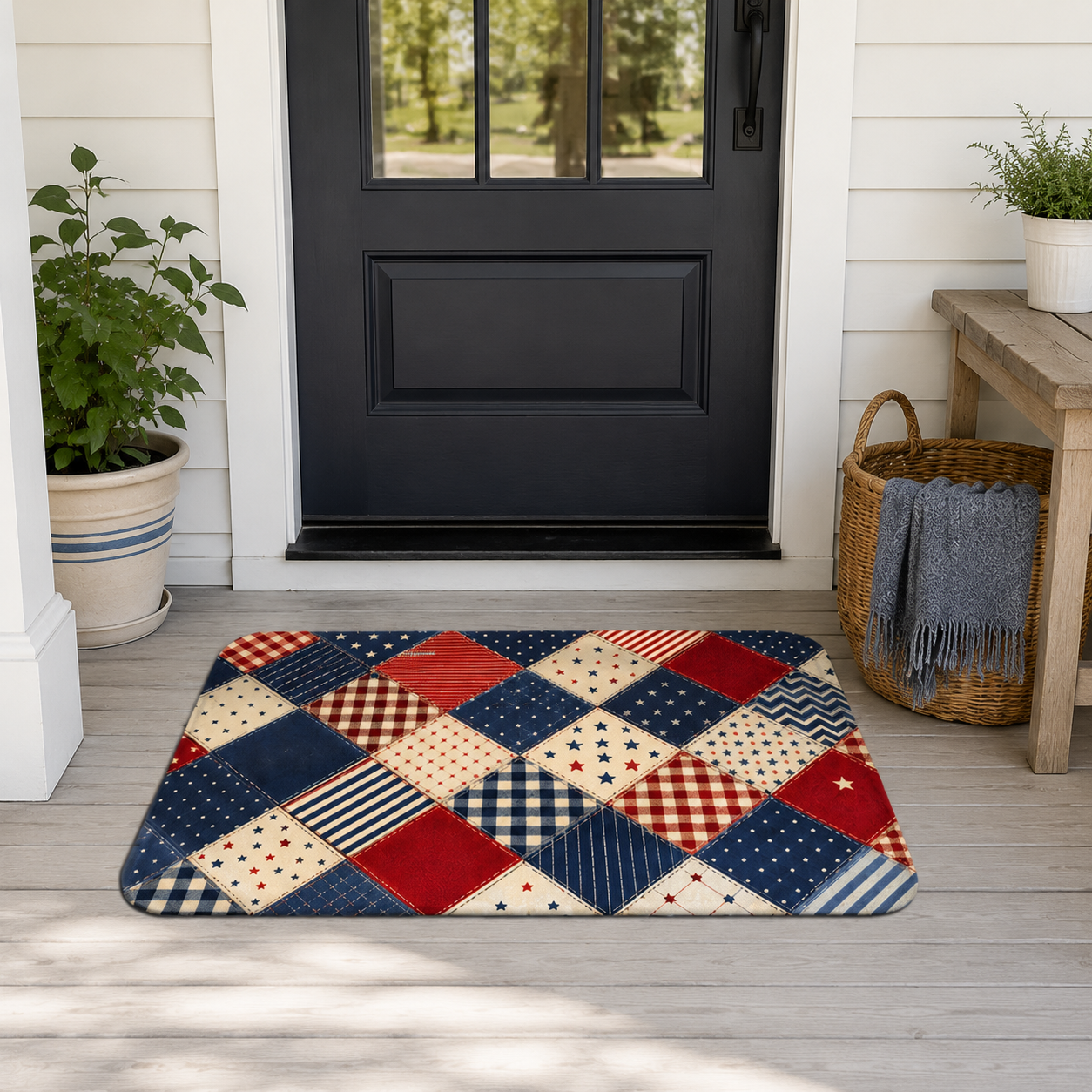 Traditional Americana style patriotic quilt patchwork welcome mat centered at a dark front door on a wooden porch deck.