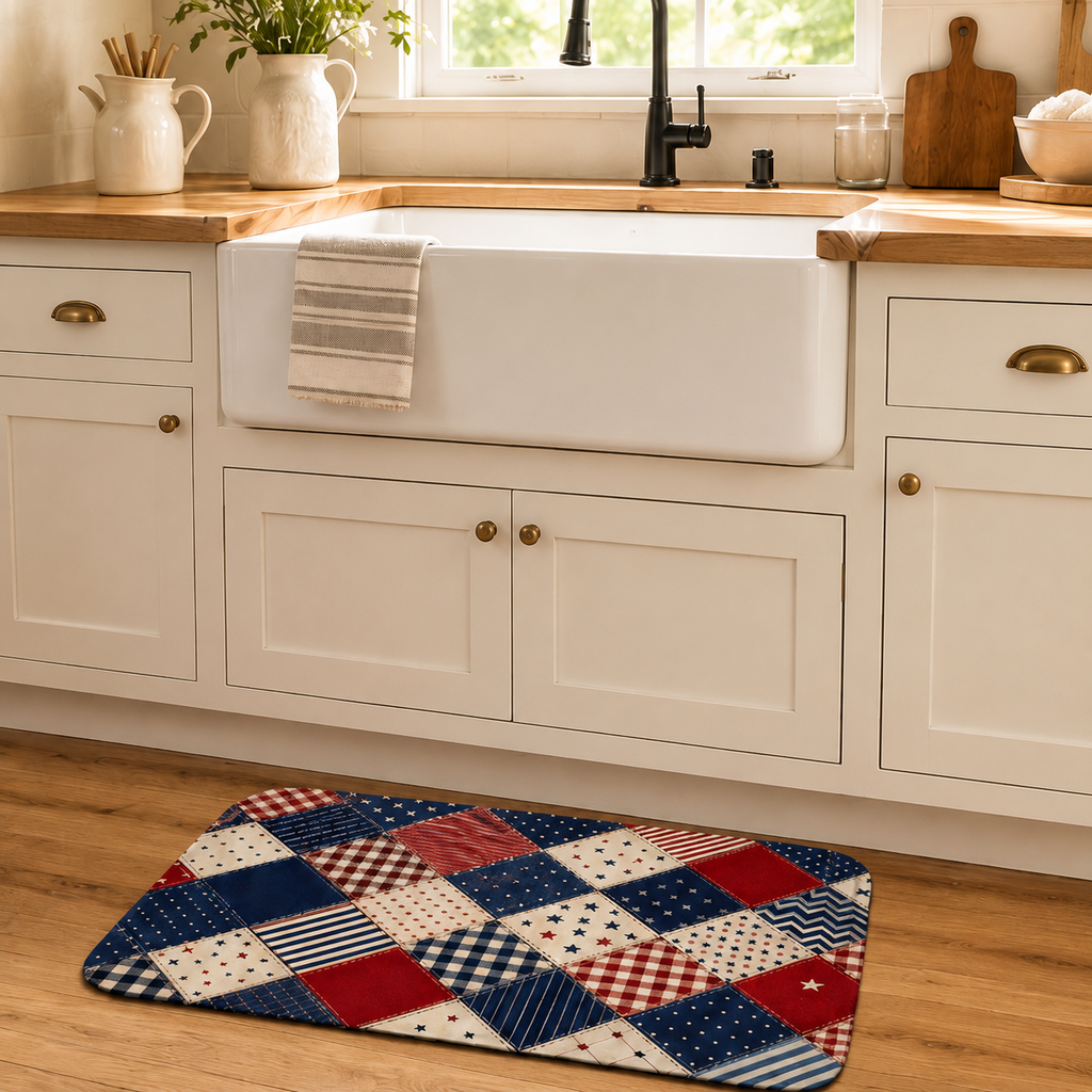 Country style kitchen scene featuring a patriotic quilt patchwork floor mat positioned in front of a white farmhouse sink.