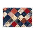Americana style patriotic quilt patchwork floor mat featuring a collage of red, white, and blue starred and striped diamond patterns.