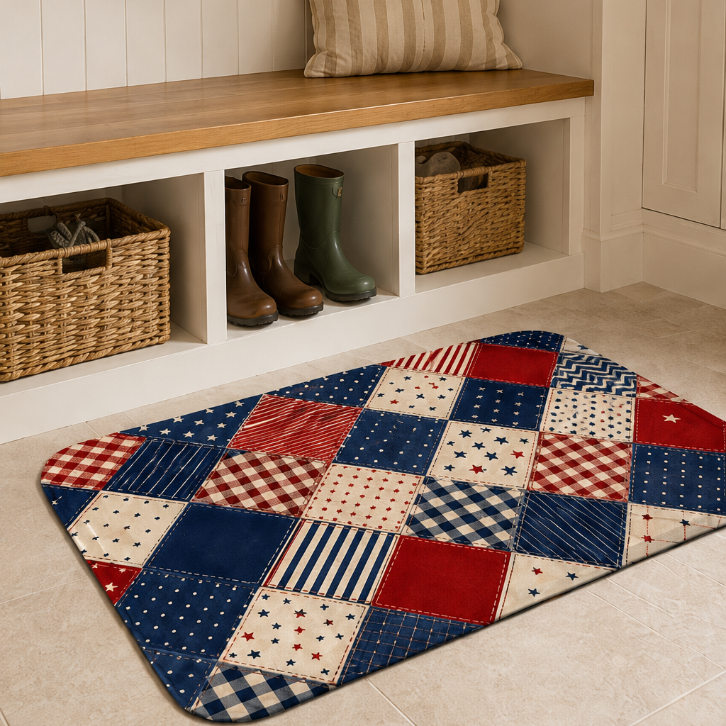 Americana style patriotic quilt patchwork floor mat featuring a collage of red, white, and blue starred and striped diamond patterns.