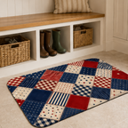 Americana style patriotic quilt patchwork floor mat featuring a collage of red, white, and blue starred and striped diamond patterns.