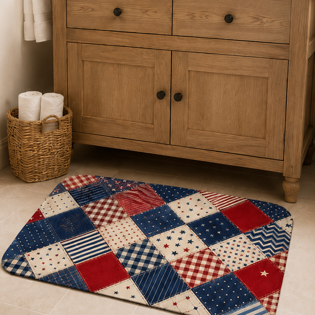 Decorative patriotic quilt floor mat placed inside a sunny glass patio door on light wood floors.