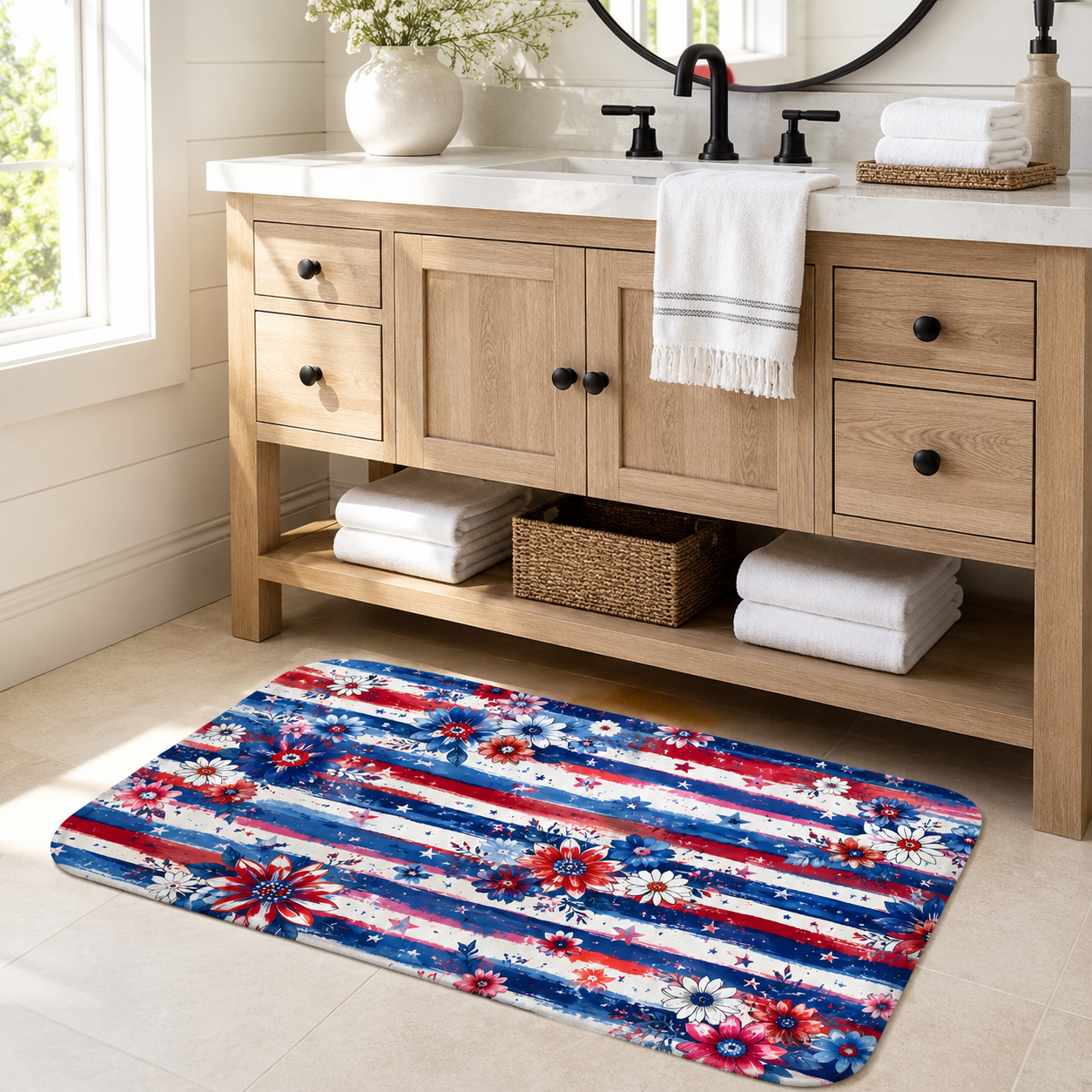 A colorful red, white, and blue floral bath mat placed on a tiled floor under a light wood double vanity sink cabinet in a bright bathroom.
