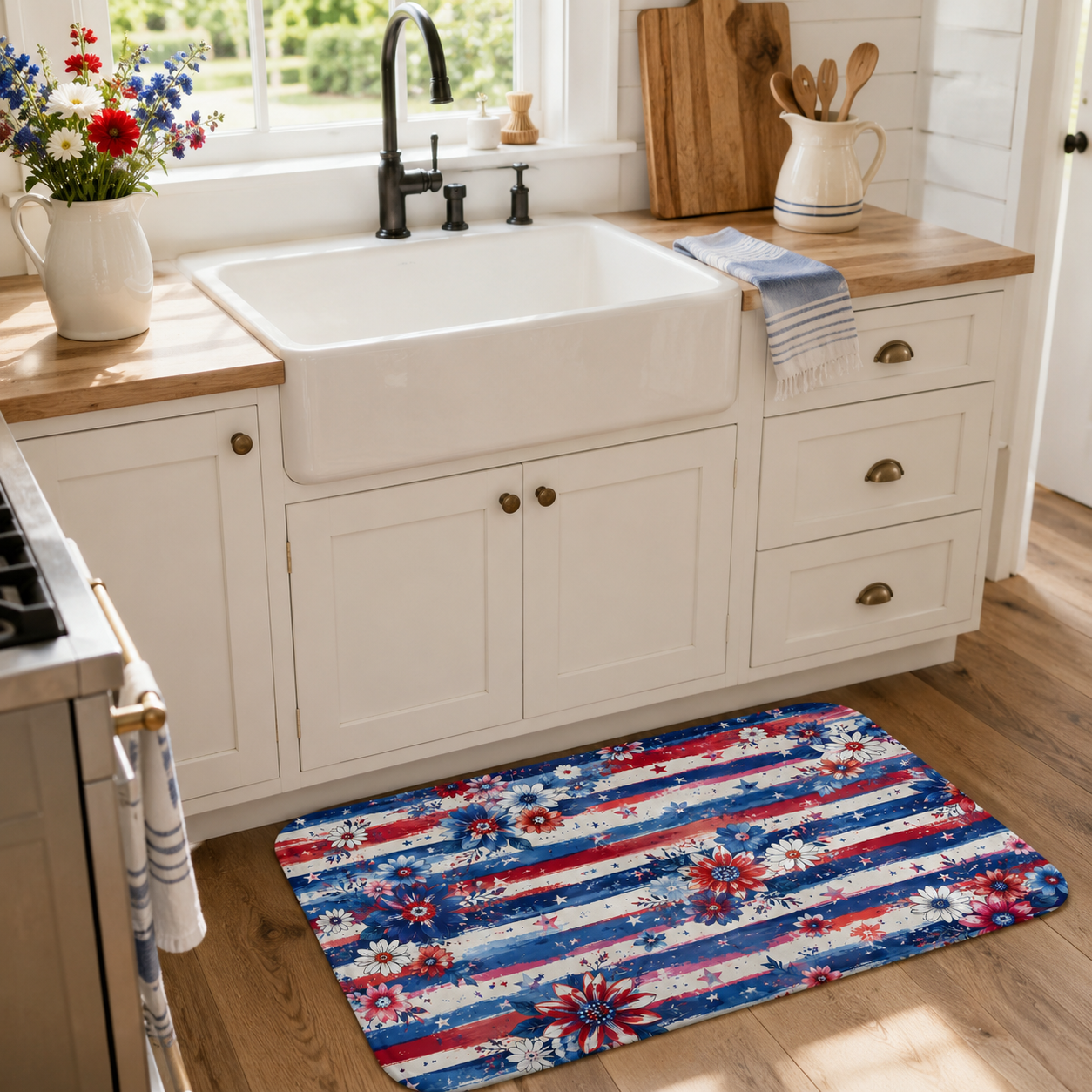 A vibrant patriotic star and stripe patterned kitchen rug spread across a hardwood floor in front of a white farmhouse sink with wooden countertops.