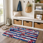 A decorative patriotic striped floor runner placed in a clean white mudroom entryway next to white rubber rain boots, beige sneakers, and wicker storage baskets under a bench.