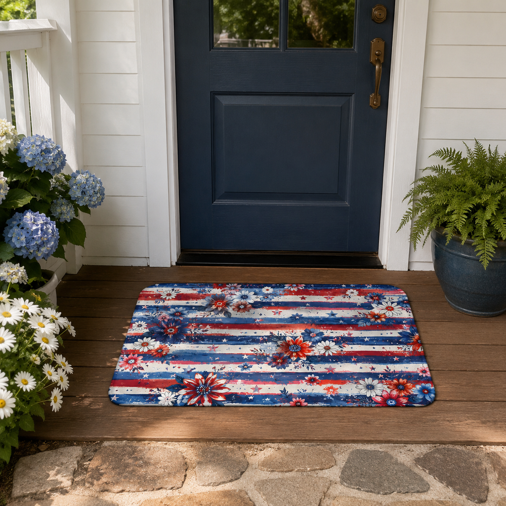 An Americana independence day themed doormat laid out on a dark wooden porch in front of a navy blue front door, accented by white daisies, blue hydrangeas, and a potted green fern.