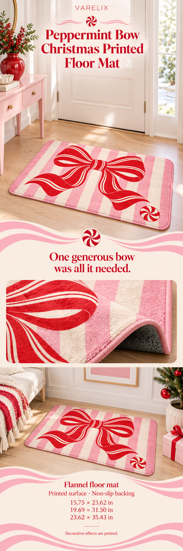 Peppermint Bow Christmas Printed Floor Mat by VARELIX, A+ detail poster with verified material, sizes and included items.