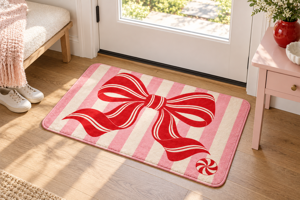 Peppermint Bow Christmas Printed Floor Mat, lifestyle view 3: One mat in a tidy indoor mudroom beside a small bench, photographed slightly above with realistic 16 by 24 inch scale.
