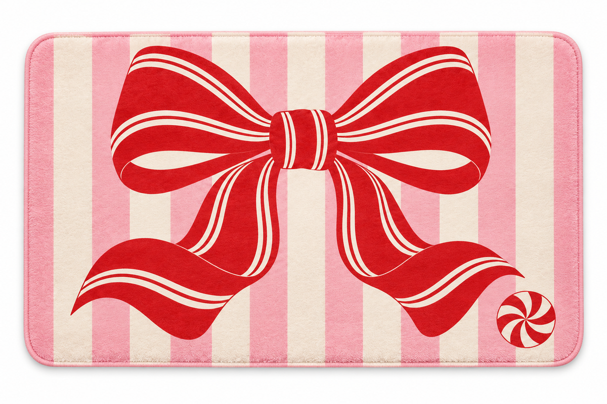 Peppermint Bow Christmas Printed Floor Mat on a white background, showing the complete printed design.