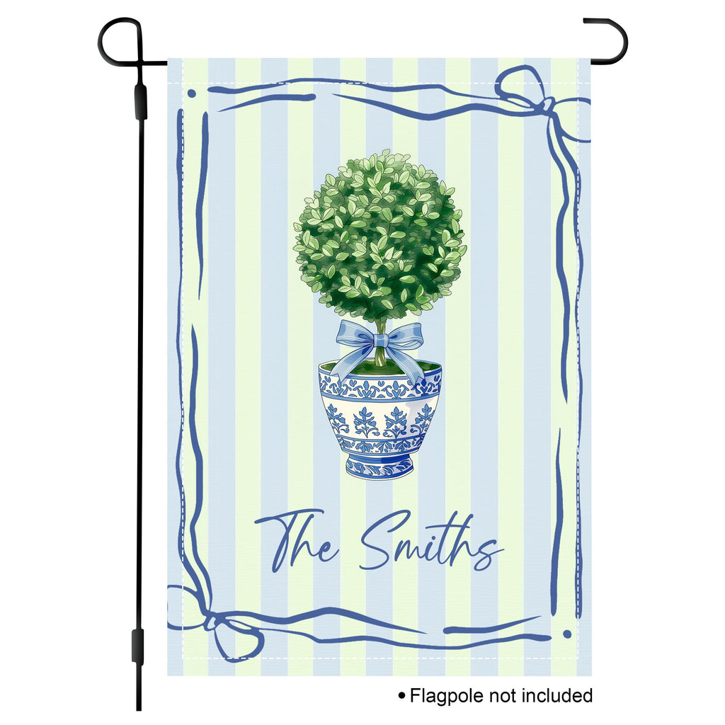 Personalized chinoiserie topiary garden flag with blue striped background