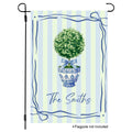 Personalized chinoiserie topiary garden flag with blue striped background