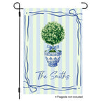 Personalized chinoiserie topiary garden flag with blue striped background