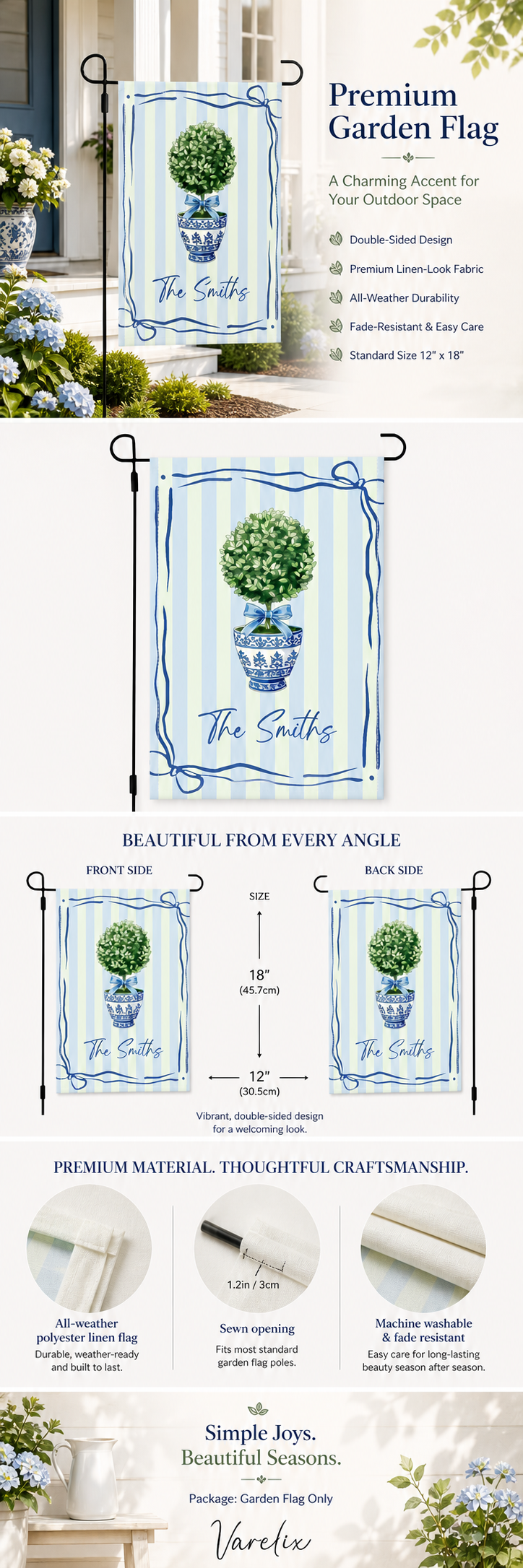 Personalized topiary garden flag with size, material, and care details