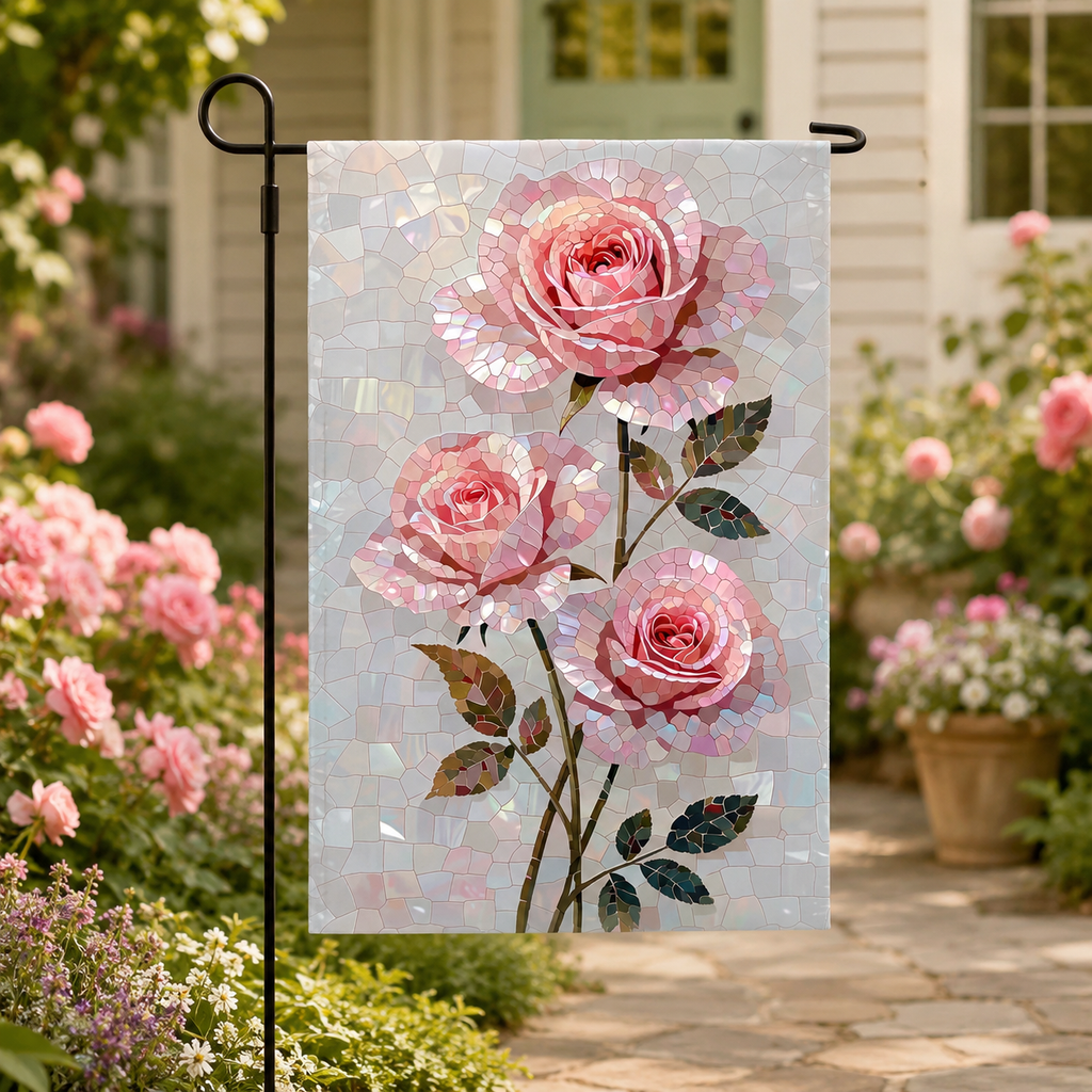 Pink rose garden flag with three mosaic-style roses, green stems, and a pearly stained glass background.