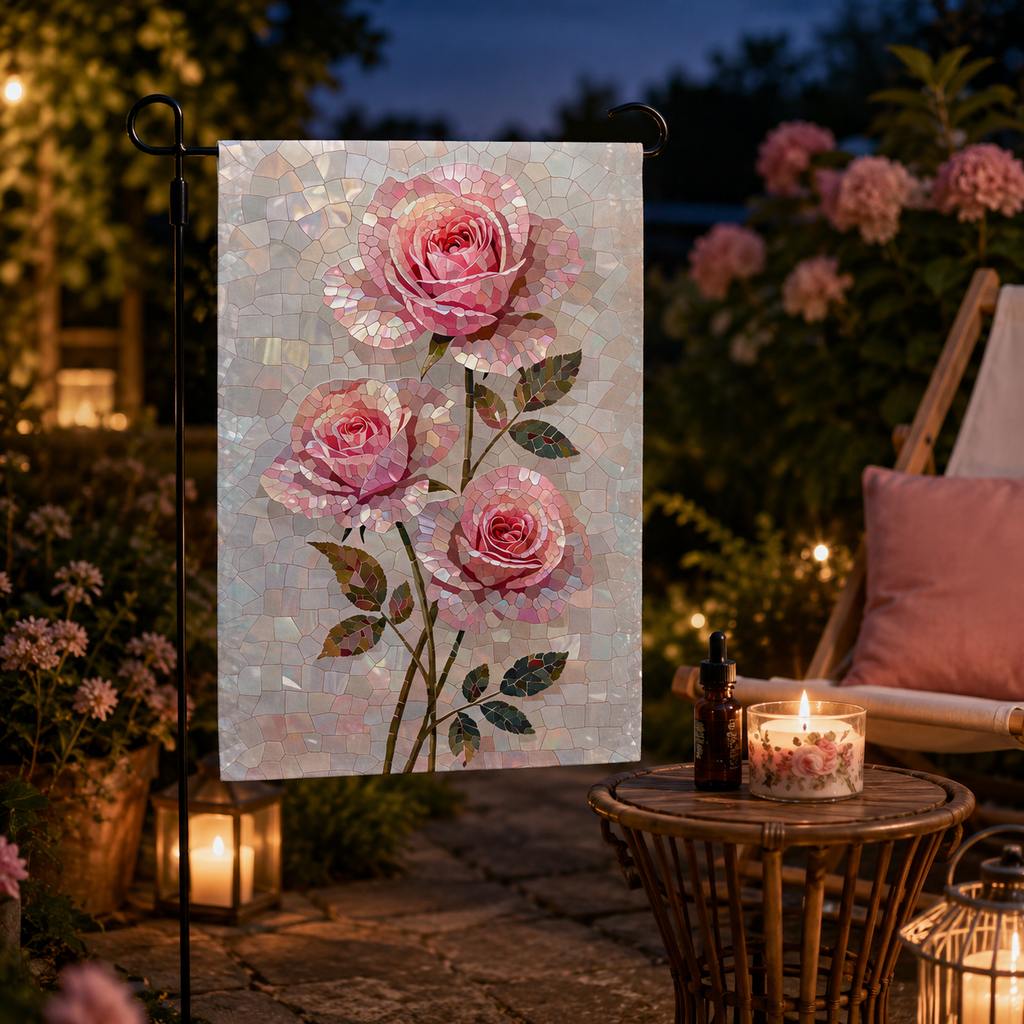 Pink rose mosaic garden flag displayed in an evening patio setting, with candles, lanterns, flowers, and a cozy lounge chair.