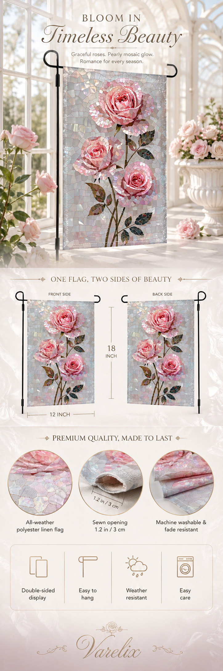 Pink rose mosaic garden flag product details showing double-sided display, 12 by 18 inch size, sewn opening, fabric texture, and weather-resistant features.