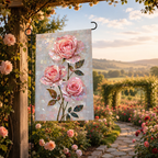 Pink rose mosaic garden flag hanging under a garden arbor, with blooming roses, a stone path, and warm sunset light.