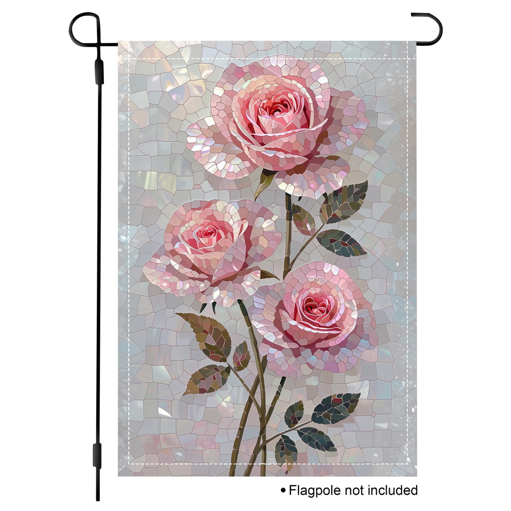 Pink rose garden flag with three mosaic-style roses, green stems, and a pearly stained glass background.