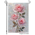 Pink rose garden flag with three mosaic-style roses, green stems, and a pearly stained glass background.