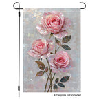 Pink rose garden flag with three mosaic-style roses, green stems, and a pearly stained glass background.