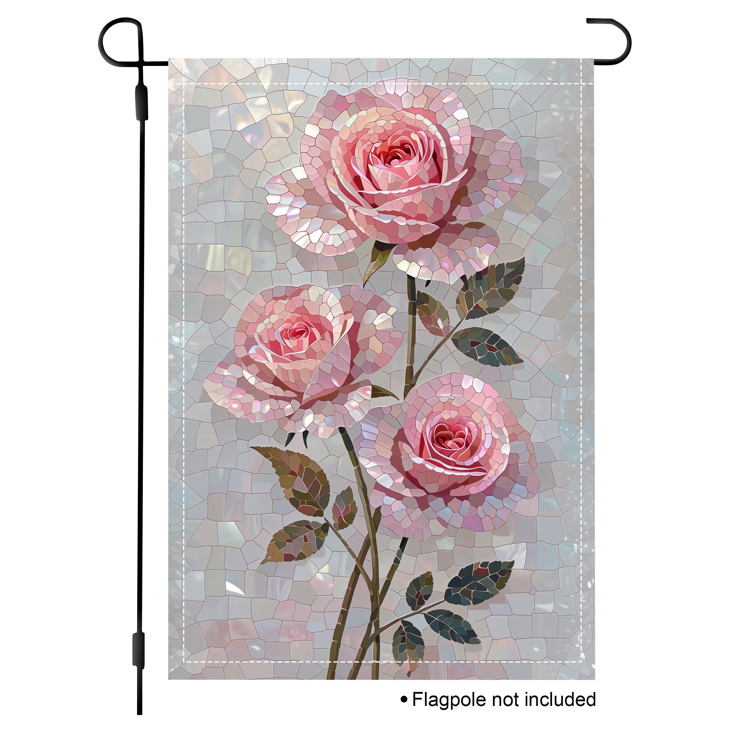 Pink rose garden flag with three mosaic-style roses, green stems, and a pearly stained glass background.