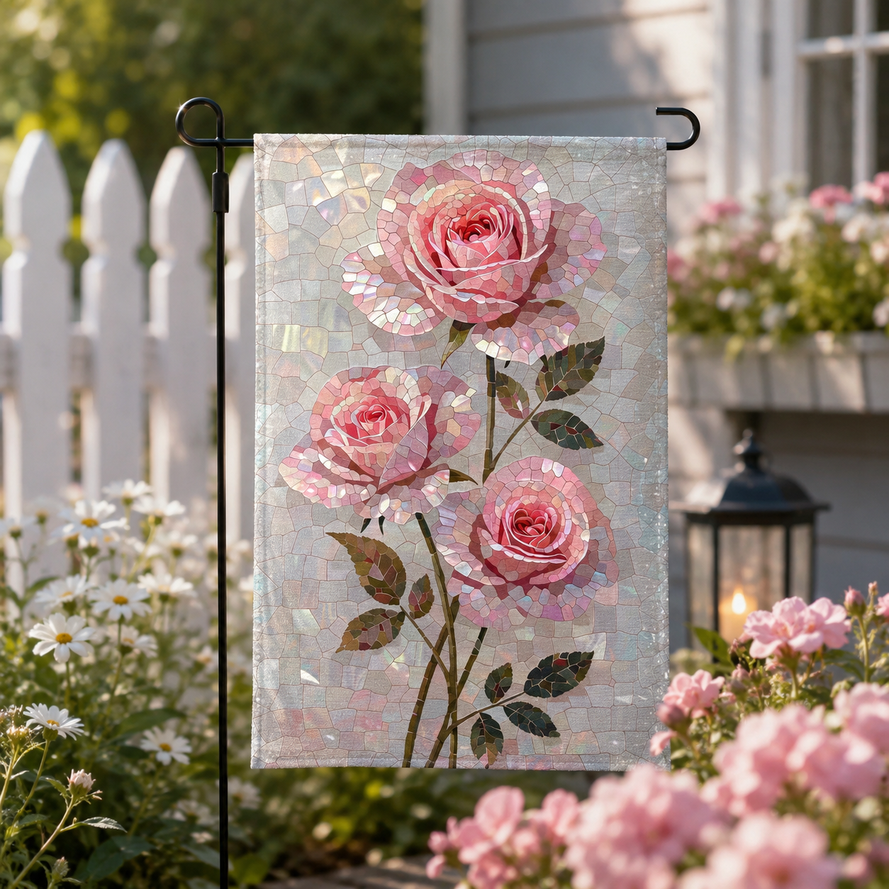 Pink rose mosaic garden flag displayed near a white picket fence, with daisies, soft pink flowers, and a glowing garden lantern.