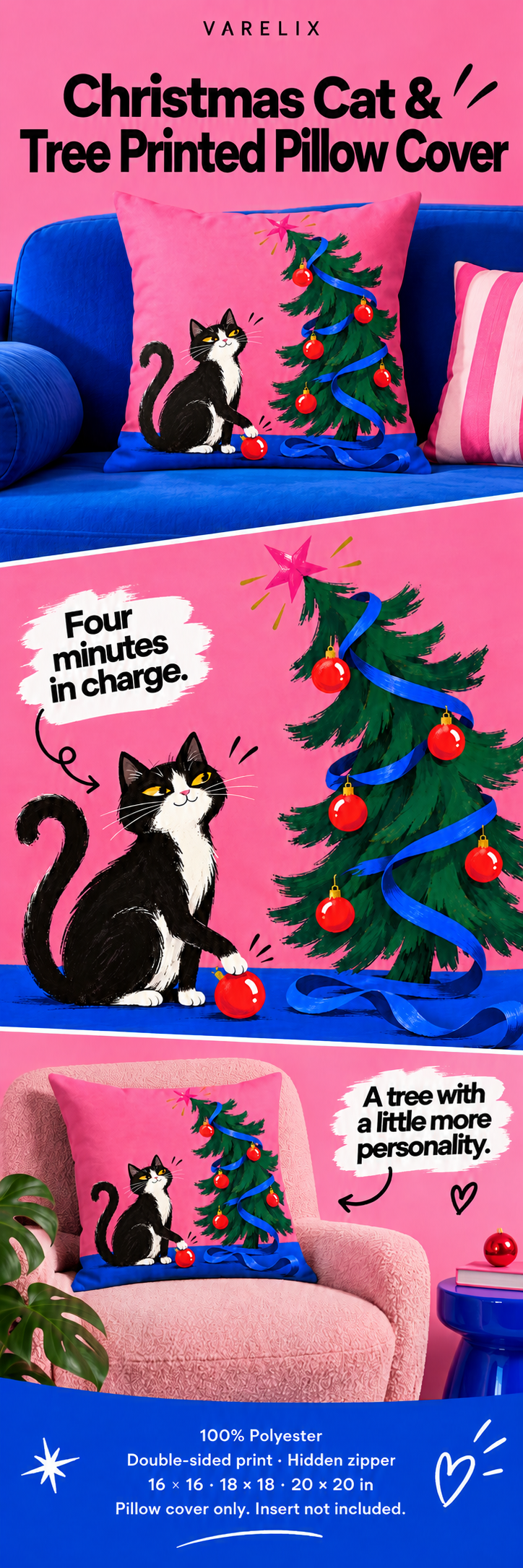 Christmas Cat & Tree Printed Pillow Cover A+ details showing the printed design, material, available sizes and package contents.