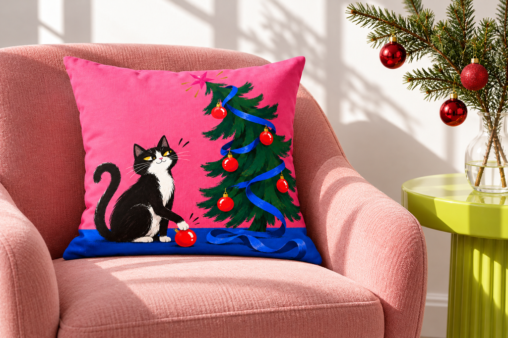 Christmas Cat & Tree Printed Pillow Cover pillow covers, lifestyle view 2: The exact cat pillow on a simple blush-pink upholstered accent chair beside a lime-green small side table and a white wall.